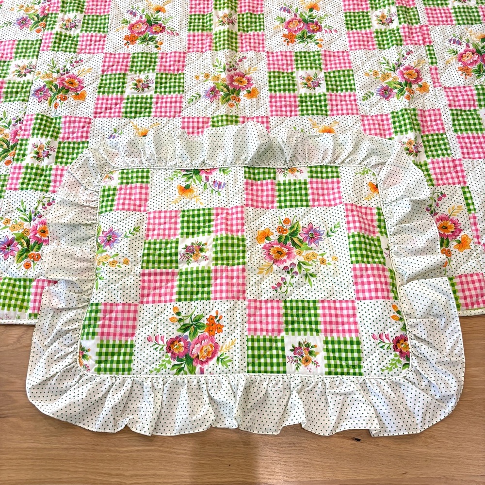 Sears Floral Patchwork Bedspread Pink & Green Gingham Twin/Twin XL Vintage 70s